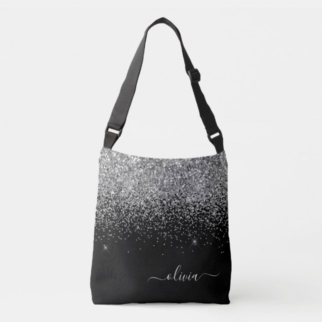 Silver Black Girly Glitter Gnistra Monogram Namn Axelväska (Framsida)