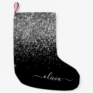 Silver Black Girly Glitter Gnistra Monogram Namn Liten Julstrumpa
