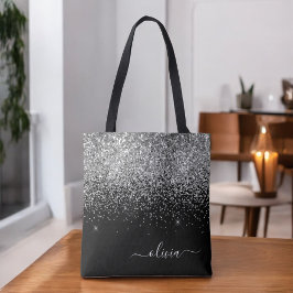 Silver Black Girly Glitter Gnistra Monogram Namn Tygkasse