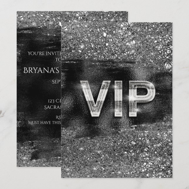 Silver Black Glam Chic Club VIP-fest inbjudningar (Fram/baksida)