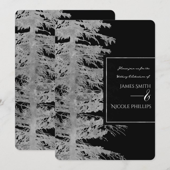 Silver Black Glam Gräs Träd Rustic Forest Bröllop Inbjudningar (Fram/baksida)