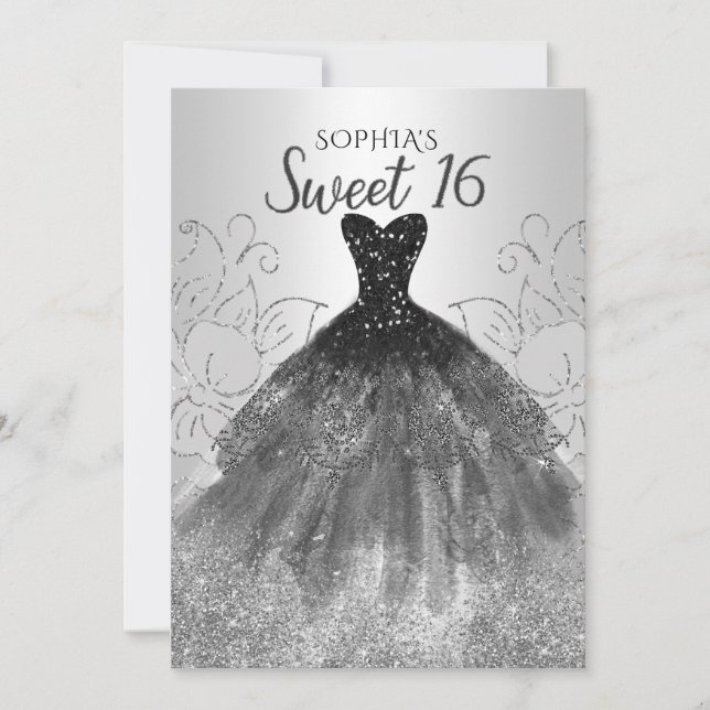 Silver Black Glitter Dress Sweet 16 födelsedag Inbjudningar (Framsida)