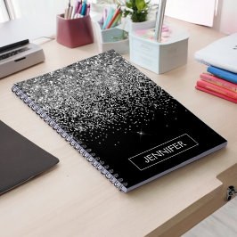 Silver Black Glitter Girly Monogram Namn Anteckningsbok