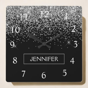 Silver Black Glitter Girly Monogram Namn Fyrkantig Klocka