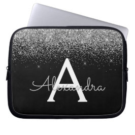 Silver Black Glitter Glam Chic Monogram Laptop Fodral