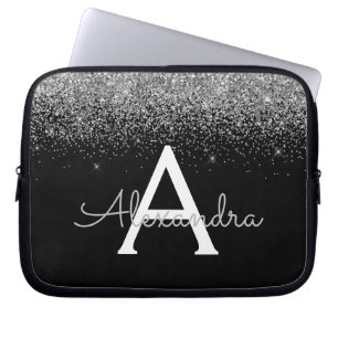 Silver Black Glitter Glam Chic Monogram Laptop Fodral