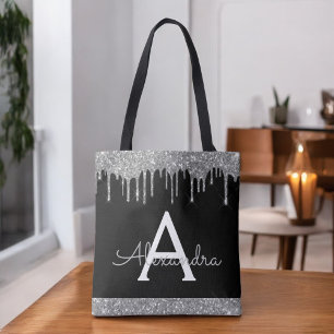 Silver Black Glitter Gnistra Elegant Monogram Tygkasse