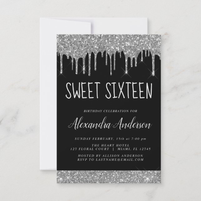 Silver Black Glitter Gnistra Elegant Sweet 16 Inbjudningar (Framsida)