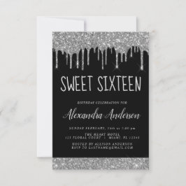 Silver Black Glitter Gnistra Elegant Sweet 16 Inbjudningar