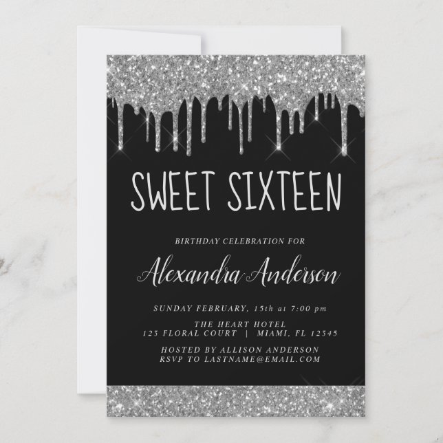 Silver Black Glitter Gnistra Elegant Sweet 16 Inbjudningar (Framsida)