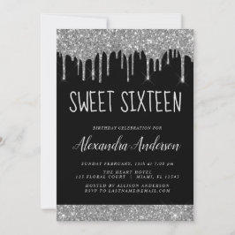 Silver Black Glitter Gnistra Elegant Sweet 16 Inbjudningar