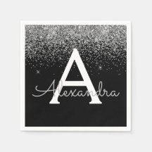 Silver Black Glitter & Gnistra Monogram Birthday