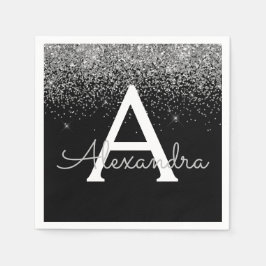 Silver Black Glitter & Gnistra Monogram Birthday Pappersservett