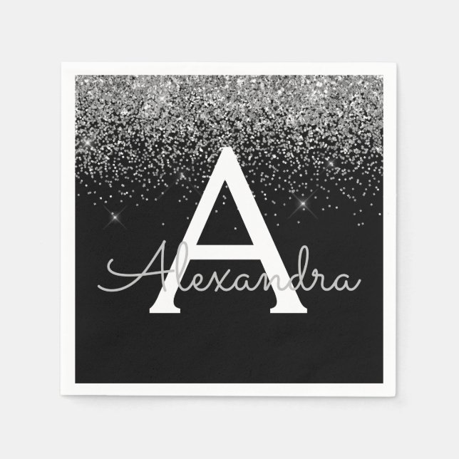 Silver Black Glitter & Gnistra Monogram Birthday Pappersservett (Framsidan)