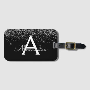 Silver Black Glitter & Gnistra Monogram Travel Bagagebricka