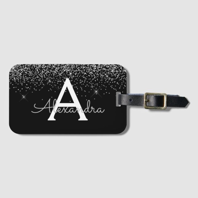 Silver Black Glitter & Gnistra Monogram Travel Bagagebricka (Framsida horisontal)