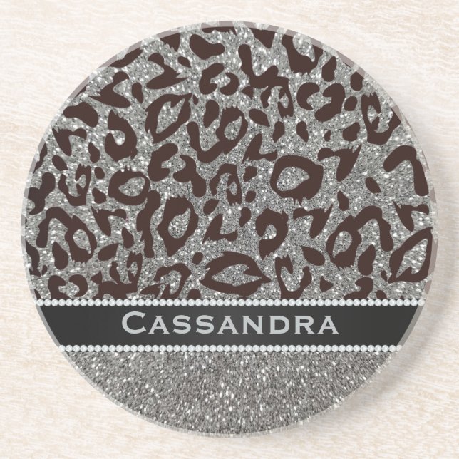 Silver & Black Glitter Leopard Skriv ut diamantern Underlägg (Framsidan)