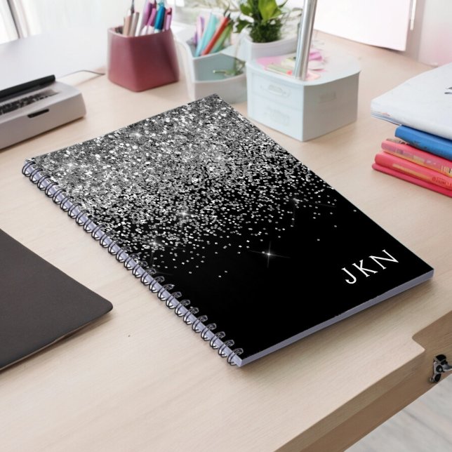 Silver Black Glitter Monogram Girly Namn Initialer Anteckningsbok (Skapare uppladdad)