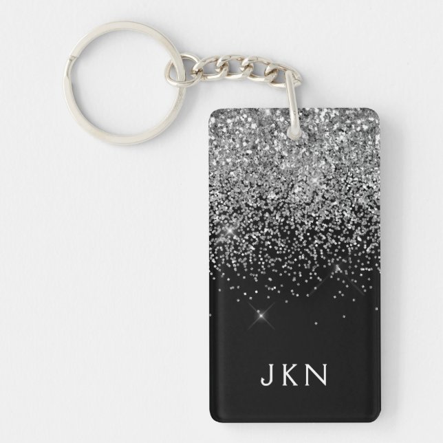 Silver Black Glitter Monogram Girly Namn Initialer Nyckelring (Framsidan)