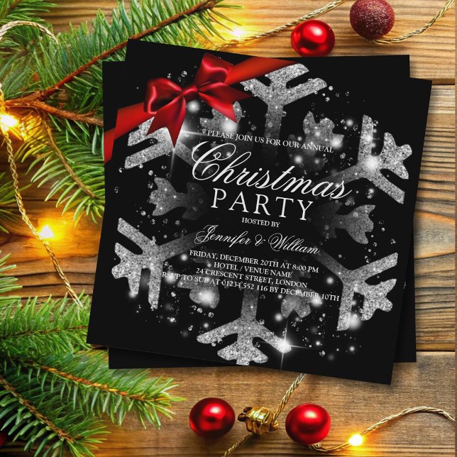 Silver Black Glitter & Ribbon | Julafton Julfest Inbjudningar (Silver Black Glitter & Ribbon | Xmas Holiday Party Invitation)