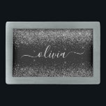 Silver Black Glitter Skriptskript, Monogram Girly<br><div class="desc">Svartvit och Silver Gnistra Glitter-skript Monogram Namn Bälte Buckle. Detta gör perfekt studenten,  söt 16 16,  18,  21,  30,  40,  50,  60,  70,  80,  90:e,  100-årsdag,  bröllop,  möhippa,  årsdag,  babydusch eller bachelorette-gåva till någon som glam lyx och chic stilar.</div>