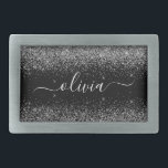 Silver Black Glitter Skriptskript, Monogram Girly<br><div class="desc">Svartvit och Silver Gnistra Glitter-skript Monogram Namn Bälte Buckle. Detta gör perfekt studenten,  söt 16 16,  18,  21,  30,  40,  50,  60,  70,  80,  90:e,  100-årsdag,  bröllop,  möhippa,  årsdag,  babydusch eller bachelorette-gåva till någon som glam lyx och chic stilar.</div>