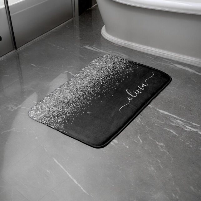 Silver Black Glitter Skriptskript, Monogram Girly  Badrumsmatta (Skapare uppladdad)