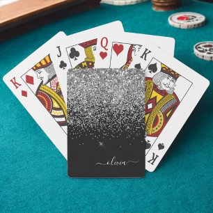 Silver Black Glitter Skriptskript, Monogram Girly  Casinokort