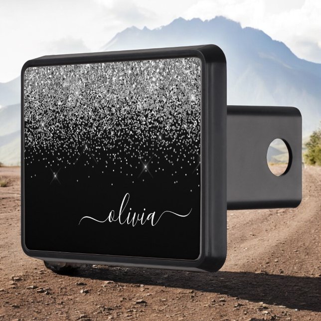 Silver Black Glitter Skriptskript, Monogram Girly  Dragkroksskydd (Skapare uppladdad)