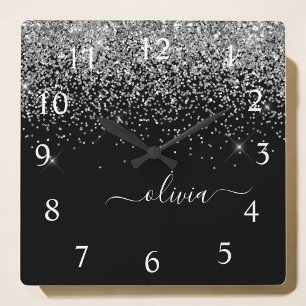 Silver Black Glitter Skriptskript, Monogram Girly Fyrkantig Klocka