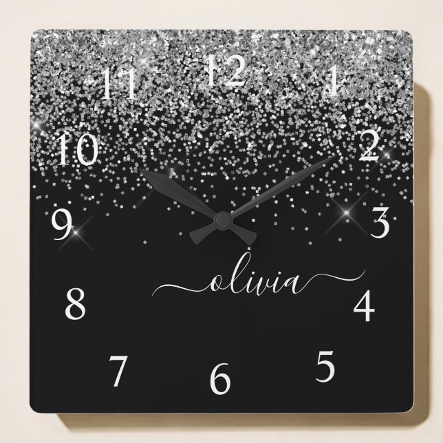 Silver Black Glitter Skriptskript, Monogram Girly  Fyrkantig Klocka (Skapare uppladdad)