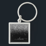 Silver Black Glitter Skriptskript, Monogram Girly  Fyrkantig Silverfärgad Nyckelring<br><div class="desc">Silver och Black Gnistra Glitter Script Monogram Namn nyckelringar (Nyckelring). Det gör perfekten söt 16-årsjubileum,  bröllop,  möhippa,  årsdag,  babydusch eller bachelorette-fest för någon som glam lyxen och chic stilar i kärlek.</div>
