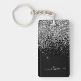 Silver Black Glitter Skriptskript, Monogram Girly  Nyckelring