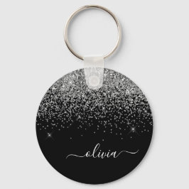 Silver Black Glitter Skriptskript, Monogram Girly  Nyckelring