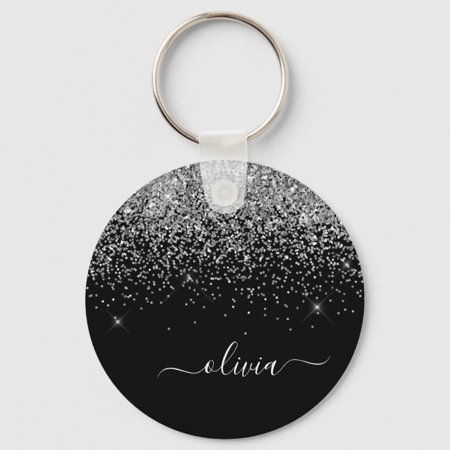 Silver Black Glitter Skriptskript, Monogram Girly  Nyckelring (Framsida)