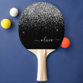 Silver Black Glitter Skriptskript, Monogram Girly Pingisracket
