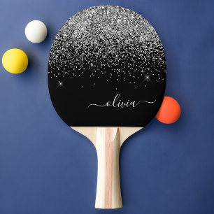 Silver Black Glitter Skriptskript, Monogram Girly  Pingisracket