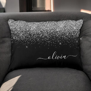 Silver Black Glitter Skriptskript, Monogram Girly Prydnadskudde