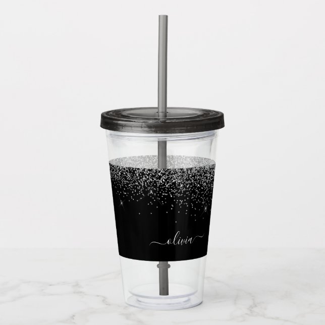 Silver Black Glitter Skriptskript, Monogram Girly  Take Away Mugg (Framsida)