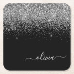 Silver Black Glitter Skriptskript, Monogram Girly  Underlägg Papper Kvadrat<br><div class="desc">Glitter-skript Monogram Namn Pappra Underlägg i Svarta och Silver Gnistra. Det gör perfekt studenten,  födelsedag,  bröllop,  möhippa,  årsdag,  babydusch eller bachelorette-fest till någon som glam lyx och chic stilar.</div>