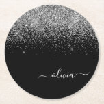 Silver Black Glitter Skriptskript, Monogram Girly  Underlägg Papper Rund<br><div class="desc">Glitter-skript Monogram Namn Pappra Underlägg i Svarta och Silver Gnistra. Det gör perfekt studenten,  födelsedag,  bröllop,  möhippa,  årsdag,  babydusch eller bachelorette-fest till någon som glam lyx och chic stilar.</div>