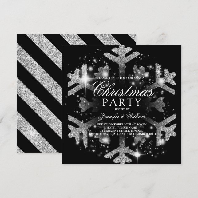 Silver & Black Glitter Snowflake Julafton Julfest Inbjudningar (Fram/baksida)