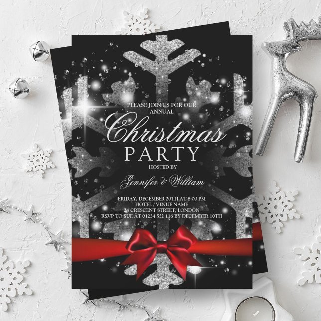 Silver Black Glitter Snowflake & Ribbon Julafton P Inbjudningar (Silver Black Glitter Snowflake & Ribbon Xmas Party Invitation)