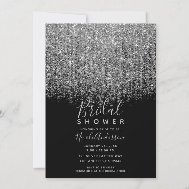 Silver & Black Glittrig Glitter Bröllopsdusch Inbjudningar (Framsida)