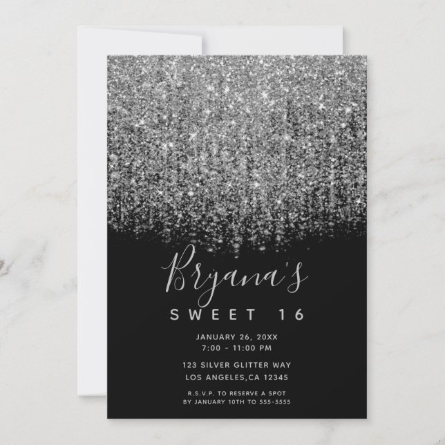 Silver & Black Glittrig Glitter Sweet 16-fest Inbjudningar (Framsida)
