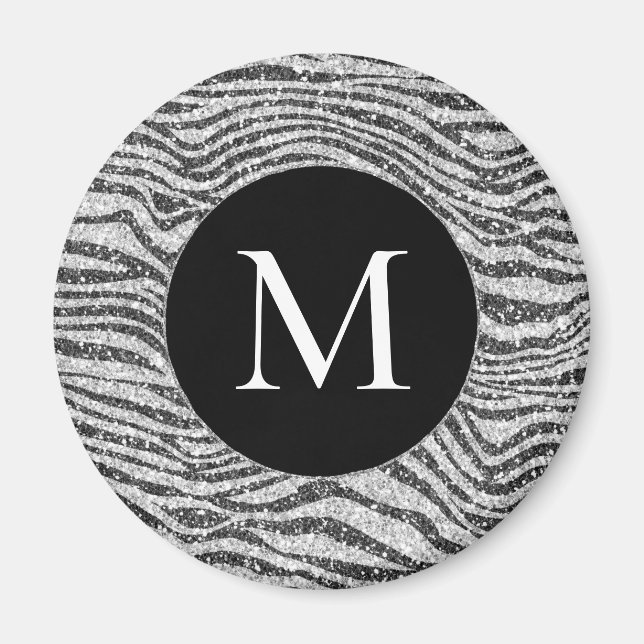 Silver Black Glitz Zebra Glitter Monogram Magnet (Framsidan)