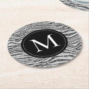 Silver Black Glitz Zebra Glitter Monogram Underlägg Papper Rund