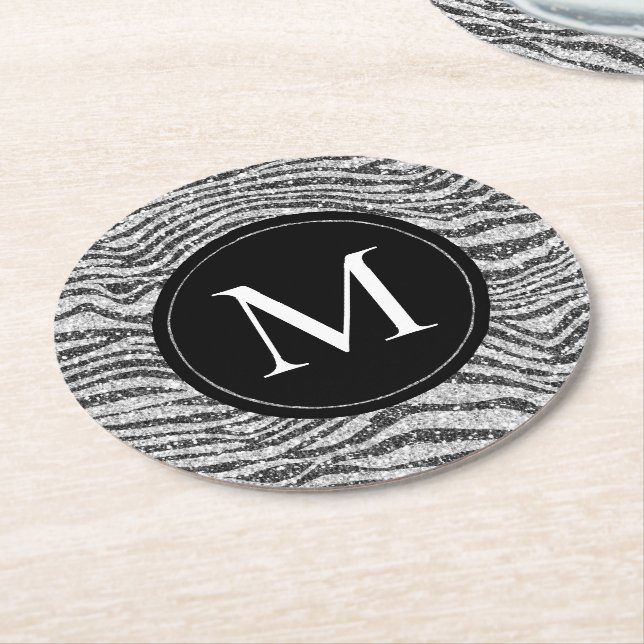 Silver Black Glitz Zebra Glitter Monogram Underlägg Papper Rund (Vinklad)