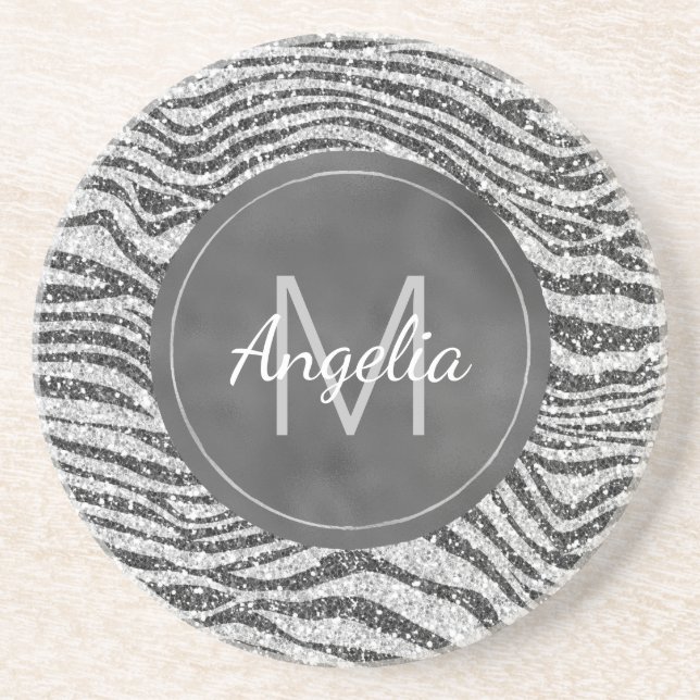 Silver Black Glitzy Zebra Glitter Monogram Underlägg (Framsidan)