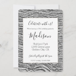 Silver Black Glitzy Zebra tryck Glitter Inbjudningar